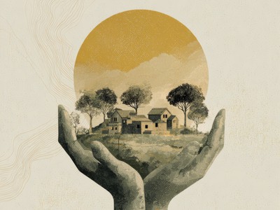 Community Land Trusts illustration. Hands holding and community of houses.