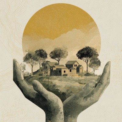Community Land Trusts illustration. Hands holding and community of houses.